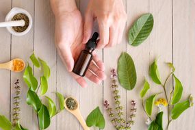 Hands holding dropper bottle over flat lay of botanical ingredients