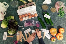 overhead shot of veggies and labels