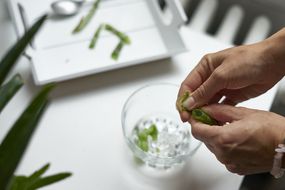 手挤从植物芦荟凝胶玻璃与冰眼保健”width=