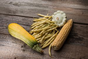 木制桌面上的黄色南瓜、玉米和蜡豆
